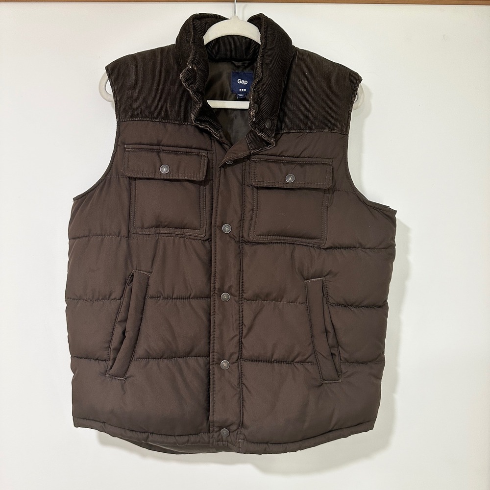 Vintage Gap Mens Small Brown Quilted Puffer Vest Corduroy Yoke Snap Front